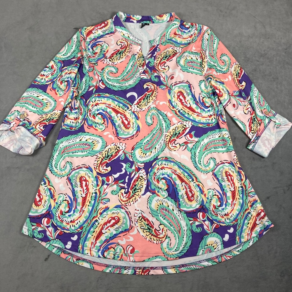 Zattcas Womens Paisley Tunic Top Multi Color 3/4 Roll Tab Sleeve Size L